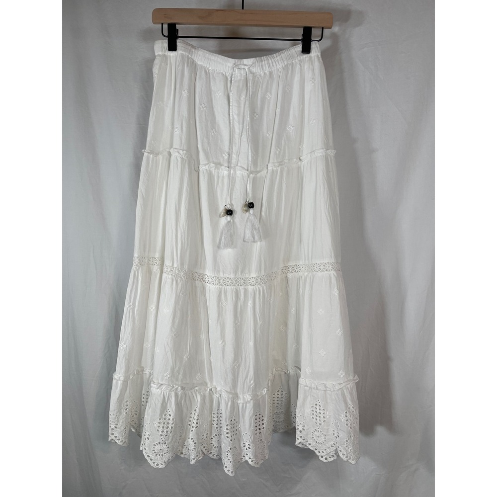 Cynthia Rowley White Cotton Eyelet Tiered Maxi Skirt Boho Tassel Size M